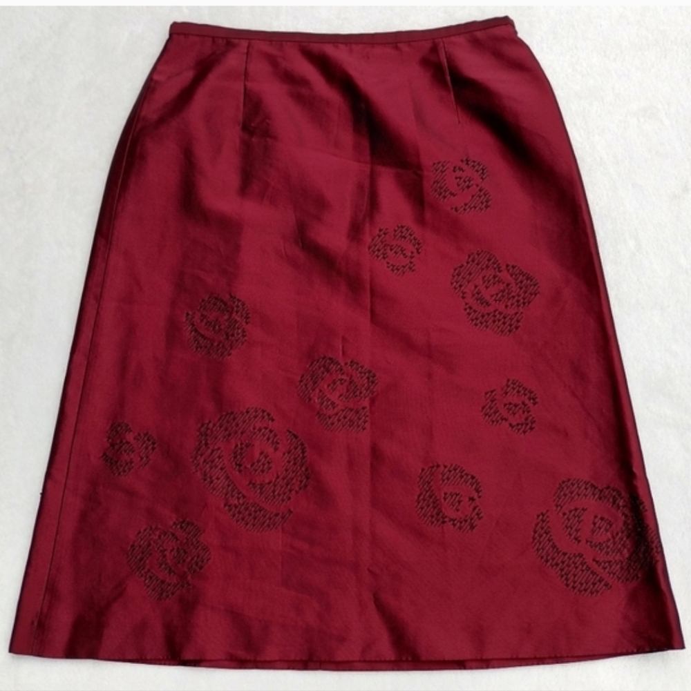 Ann Taylor Silk Red Beaded Skirt Women's Size 6 Floral A-line Y2K Vintage Maroon
